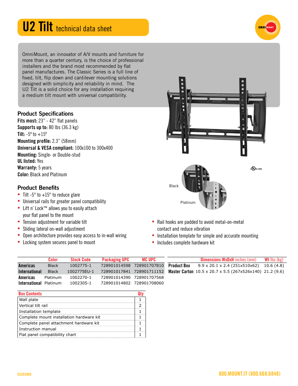 U2_tilt_technical_data_sheet.pdf, U2 tilt, Technical data sheet | Omnimount U2 Tilt Sales Sheet User Manual | Page 2 / 3