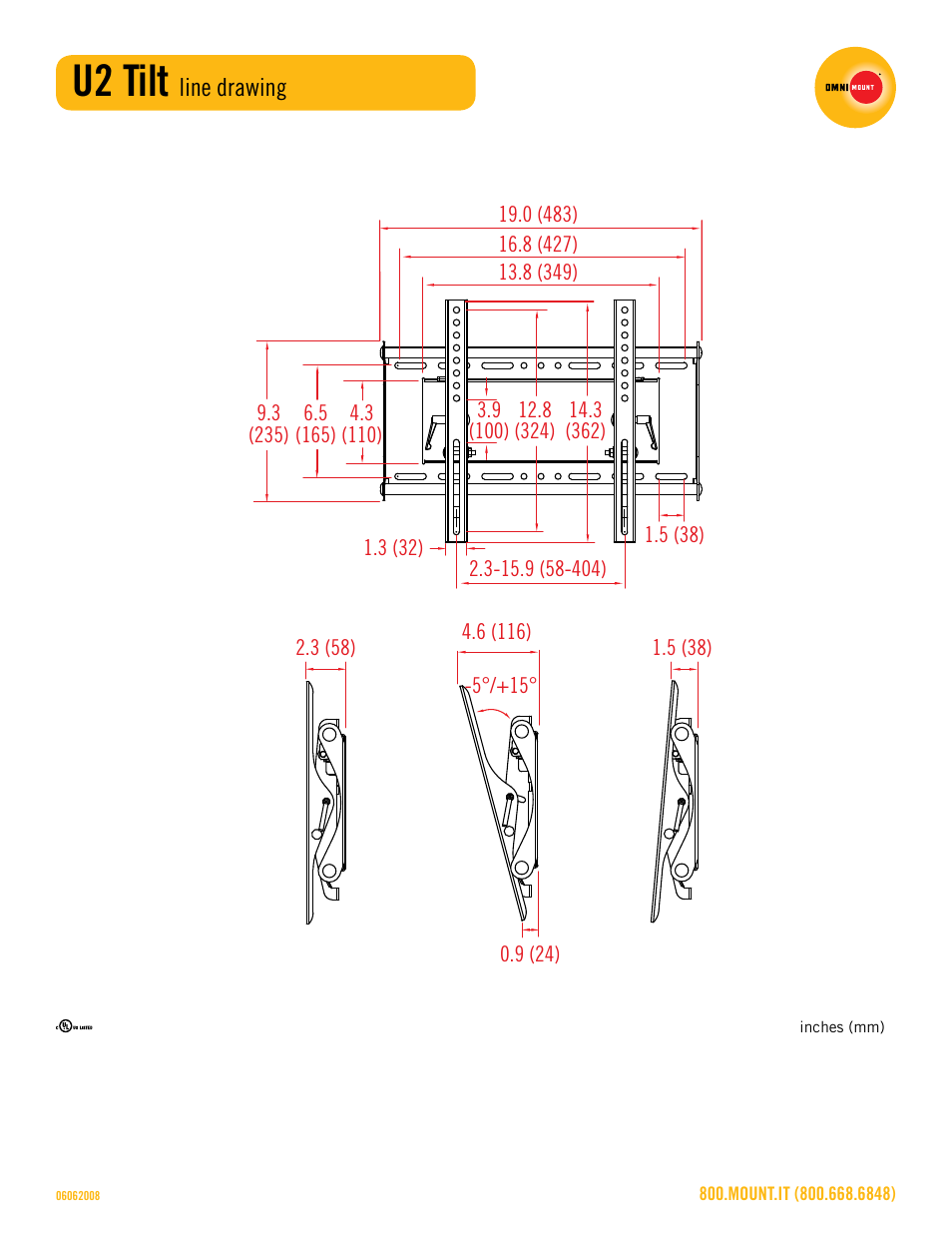 U2_tilt_line_drawing_sheet.pdf, U2 tilt | Omnimount U2 Tilt Sales Sheet User Manual | Page 3 / 3