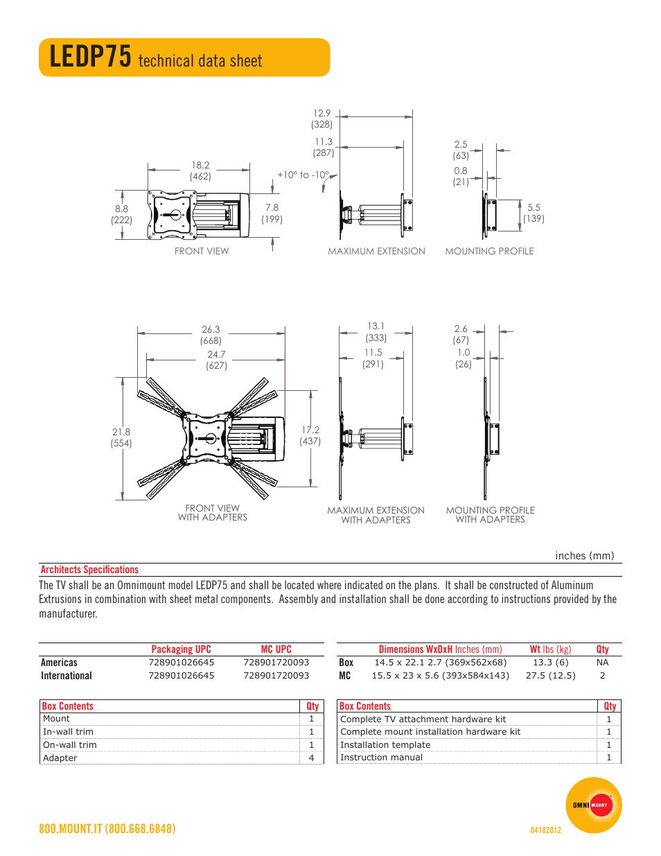 Ledp75, Technical data sheet | Omnimount LEDP75 Sales Sheet User Manual | Page 2 / 2