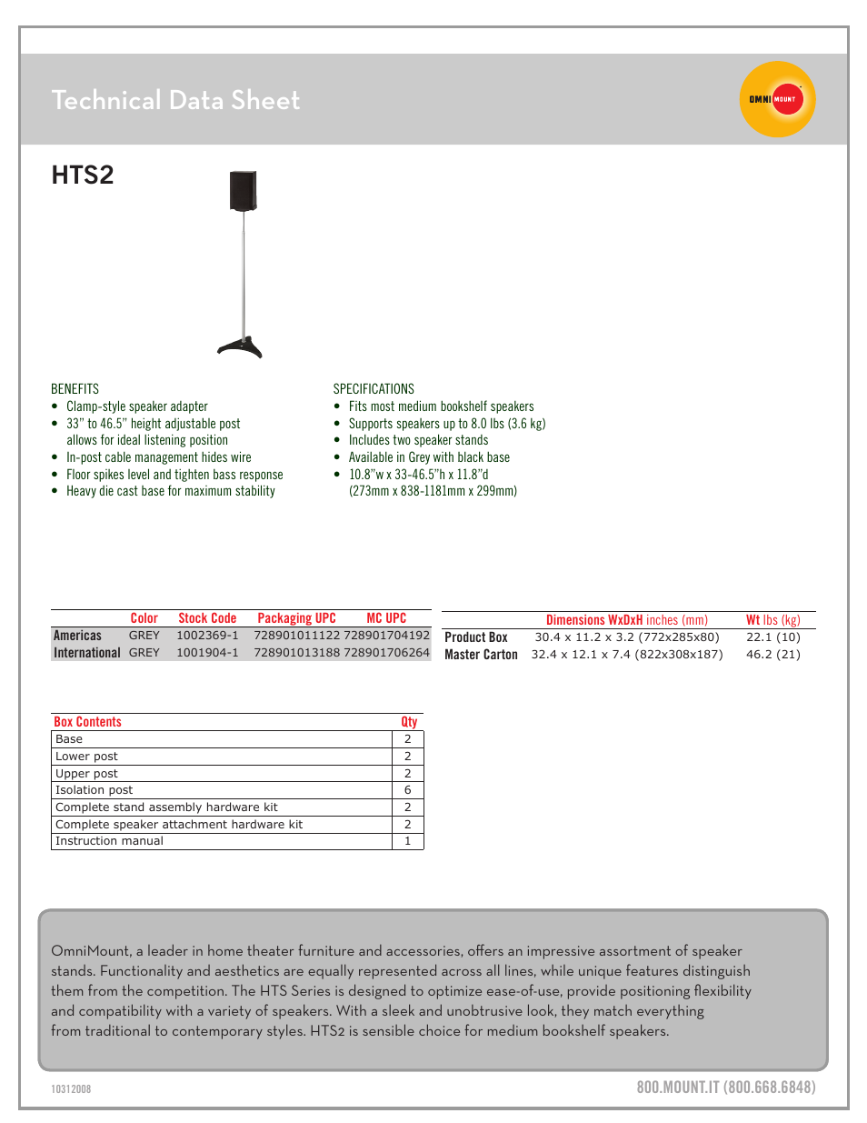 Hts2_technical_data_sheet.pdf, Technical data sheet, Hts2 | Omnimount HTS2 Sales Sheet User Manual | Page 2 / 3