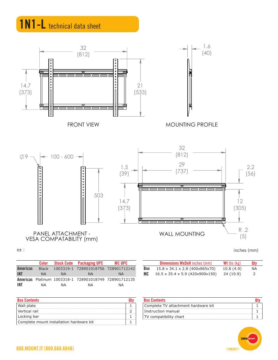 1n1-l, Technical data sheet | Omnimount 1N1-L Sales Sheet User Manual | Page 2 / 2