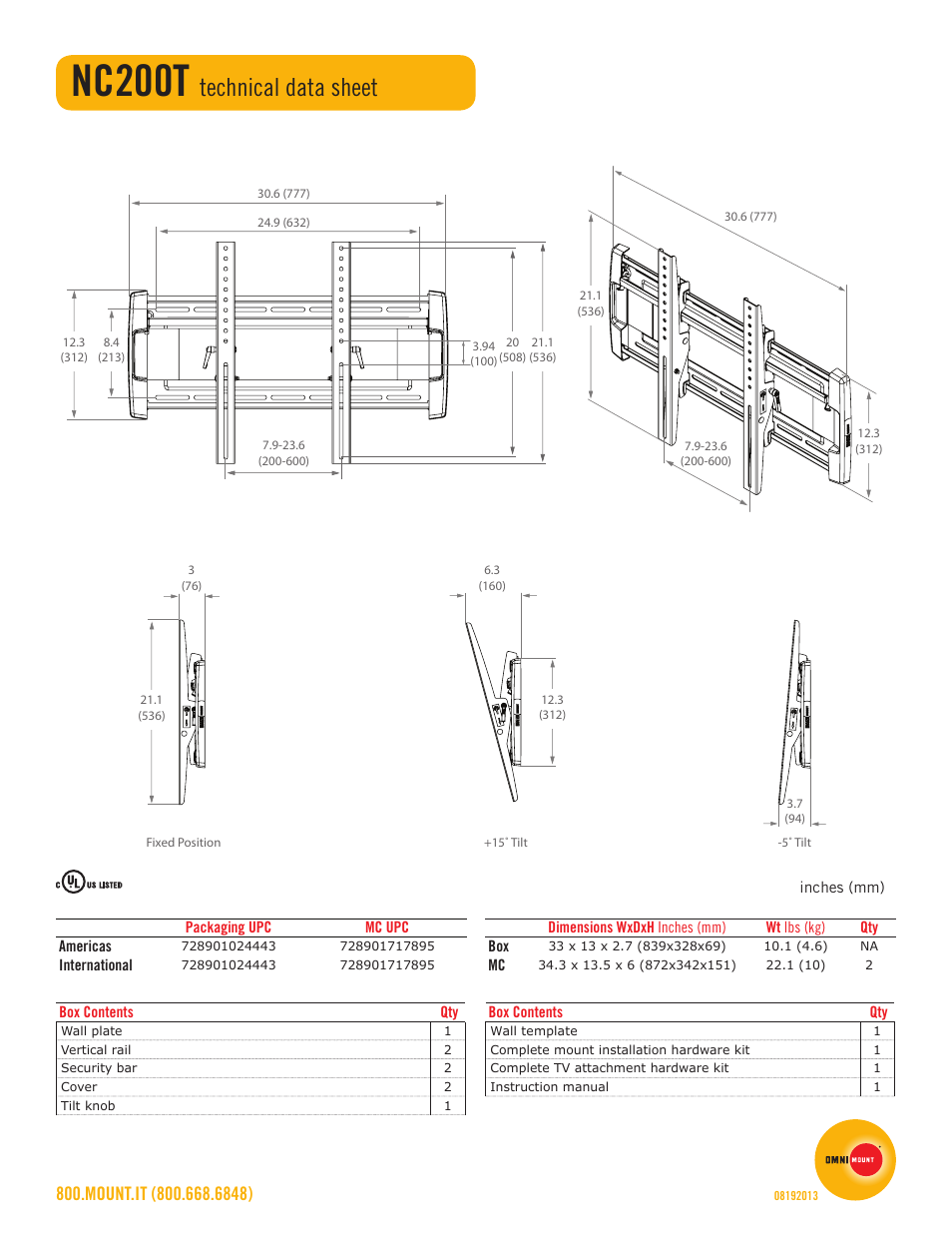 Nc200t, Technical data sheet | Omnimount NC200T Sales Sheet User Manual | Page 2 / 2