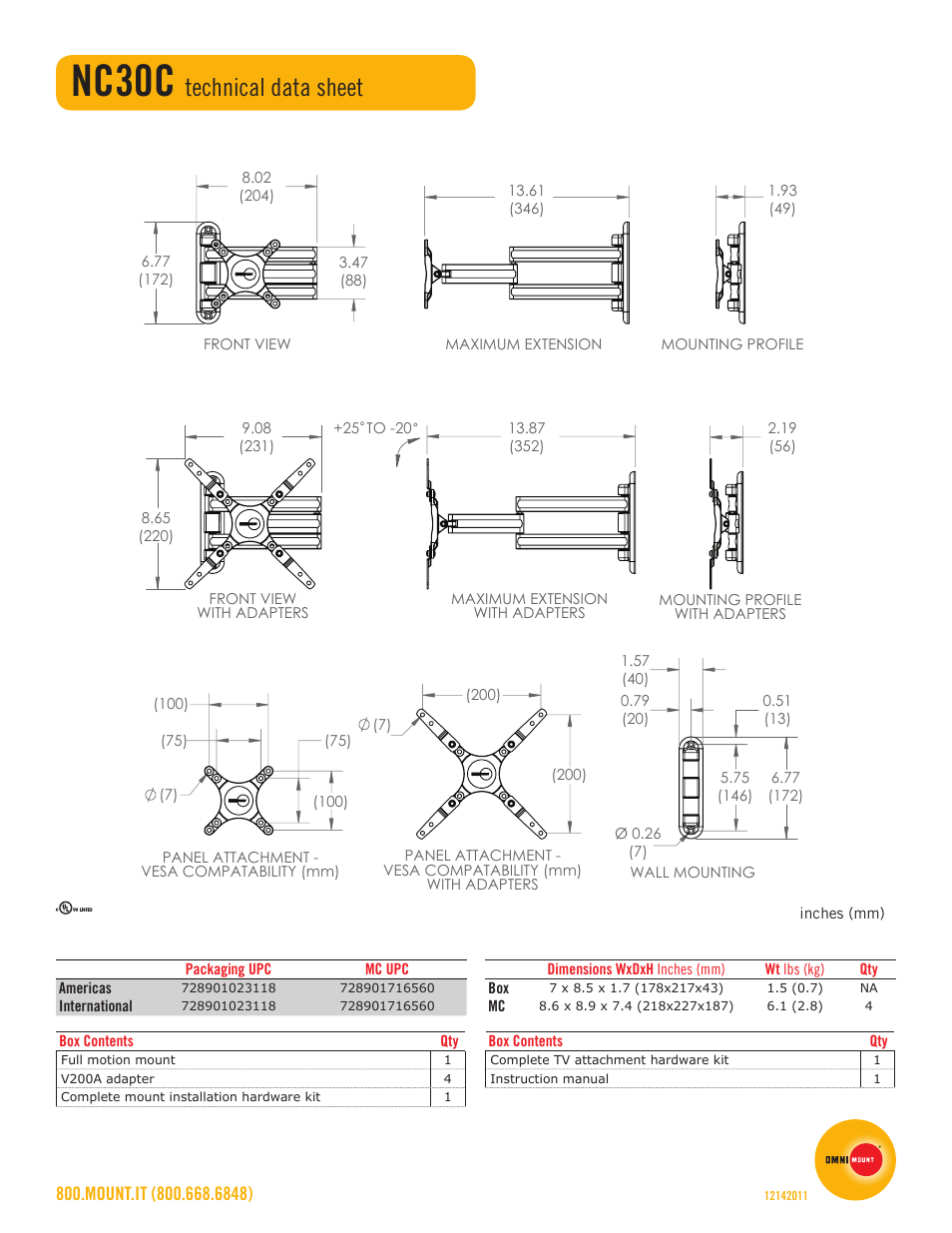 Nc30c, Technical data sheet | Omnimount NC30C Sales Sheet User Manual | Page 2 / 2