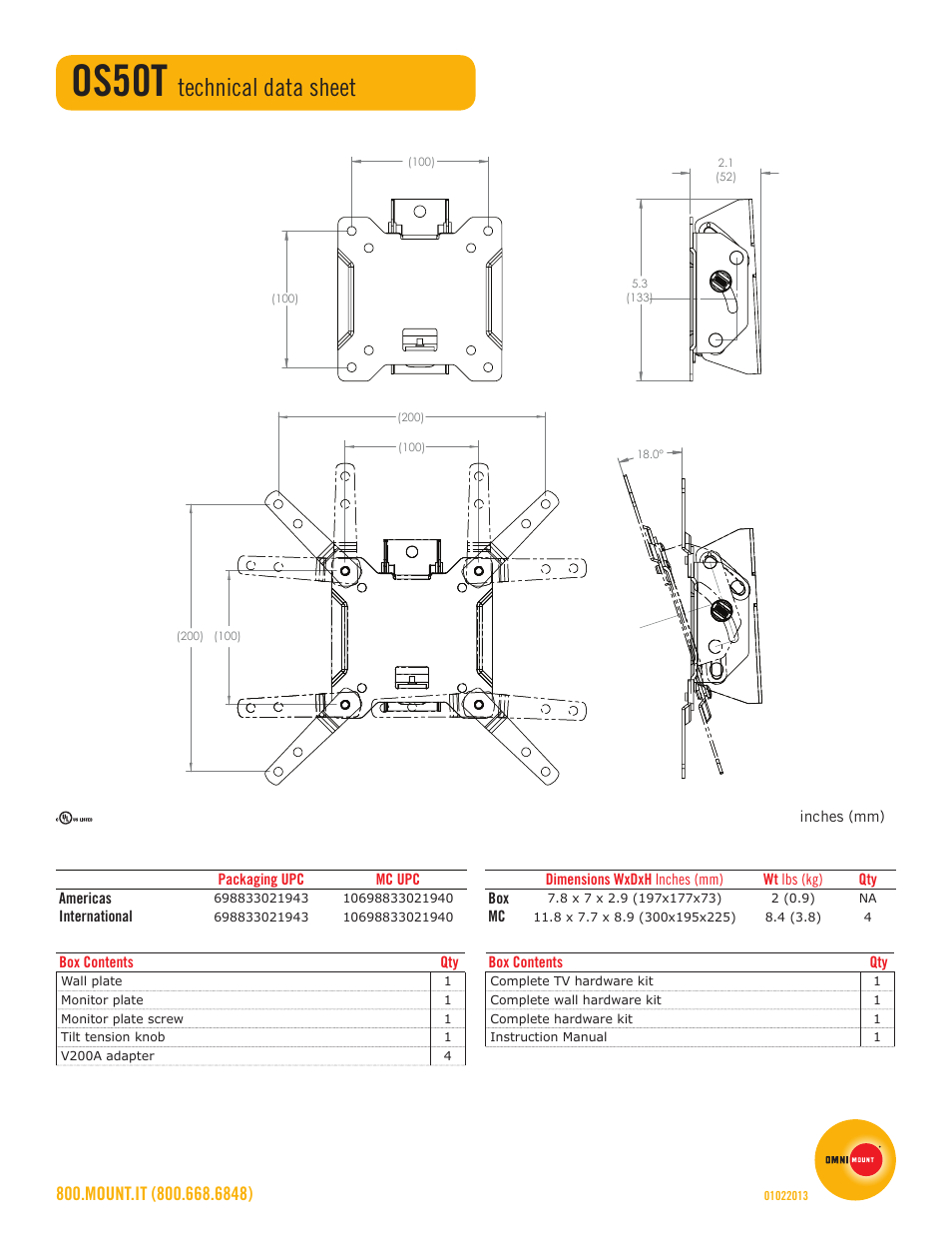 Os50t, Technical data sheet | Omnimount OS50T Sales Sheet User Manual | Page 2 / 2