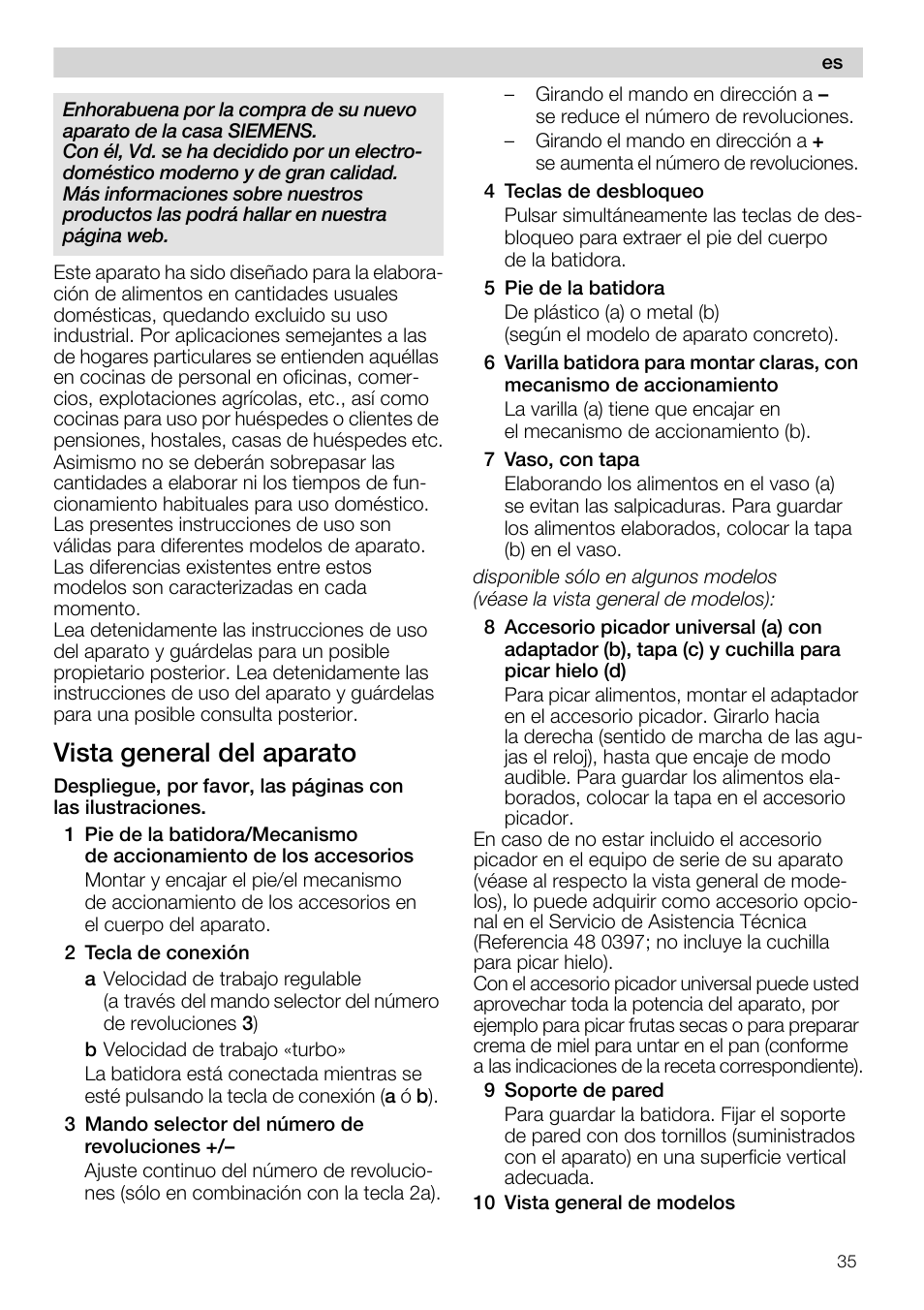 1 pie de la batidora/mecanismo, 2 tecla de conexión, 3 mando selector del número de revoluciones | 4 teclas de desbloqueo, 5 pie de la batidora, 7 vaso, con tapa, 9 soporte de pared, 10 vista general de modelos, Vista general del aparato | Siemens MQ 5 N 649 User Manual | Page 35 / 81