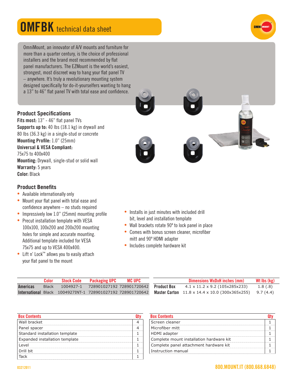 Omfbk, Technical data sheet | Omnimount OMFBK Sales Sheet User Manual | Page 2 / 3