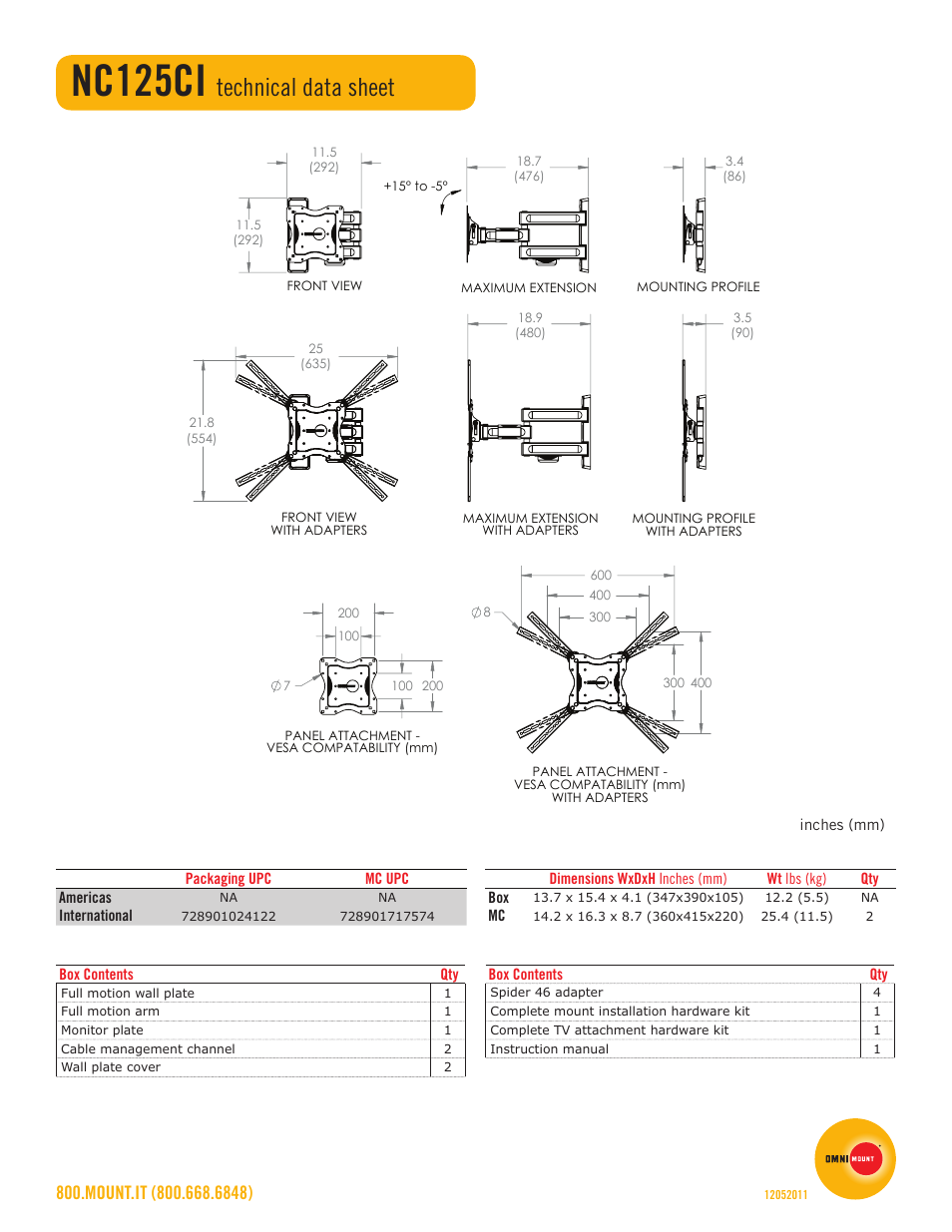Nc125ci, Technical data sheet | Omnimount NC125CI Sales Sheet User Manual | Page 2 / 2