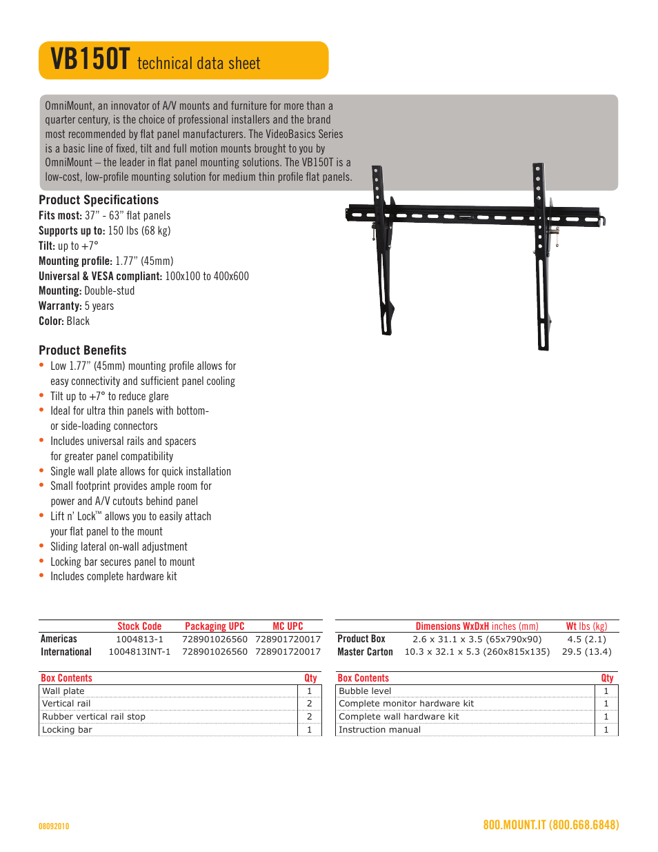 Vb150t, Technical data sheet | Omnimount VB150T Sales Sheet User Manual | Page 2 / 3