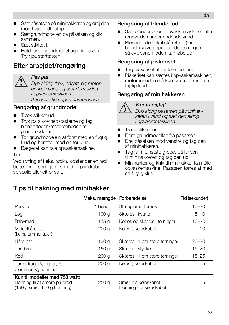 Rengoring af grundmodel, Rengoring af blenderfod, Rengoring af piskeriset | Rengoring af minihakkeren, Tips til hakning med minihakker, Efter arbejdet/reng0ring | Siemens MQ 5 N 290 User Manual | Page 23 / 81