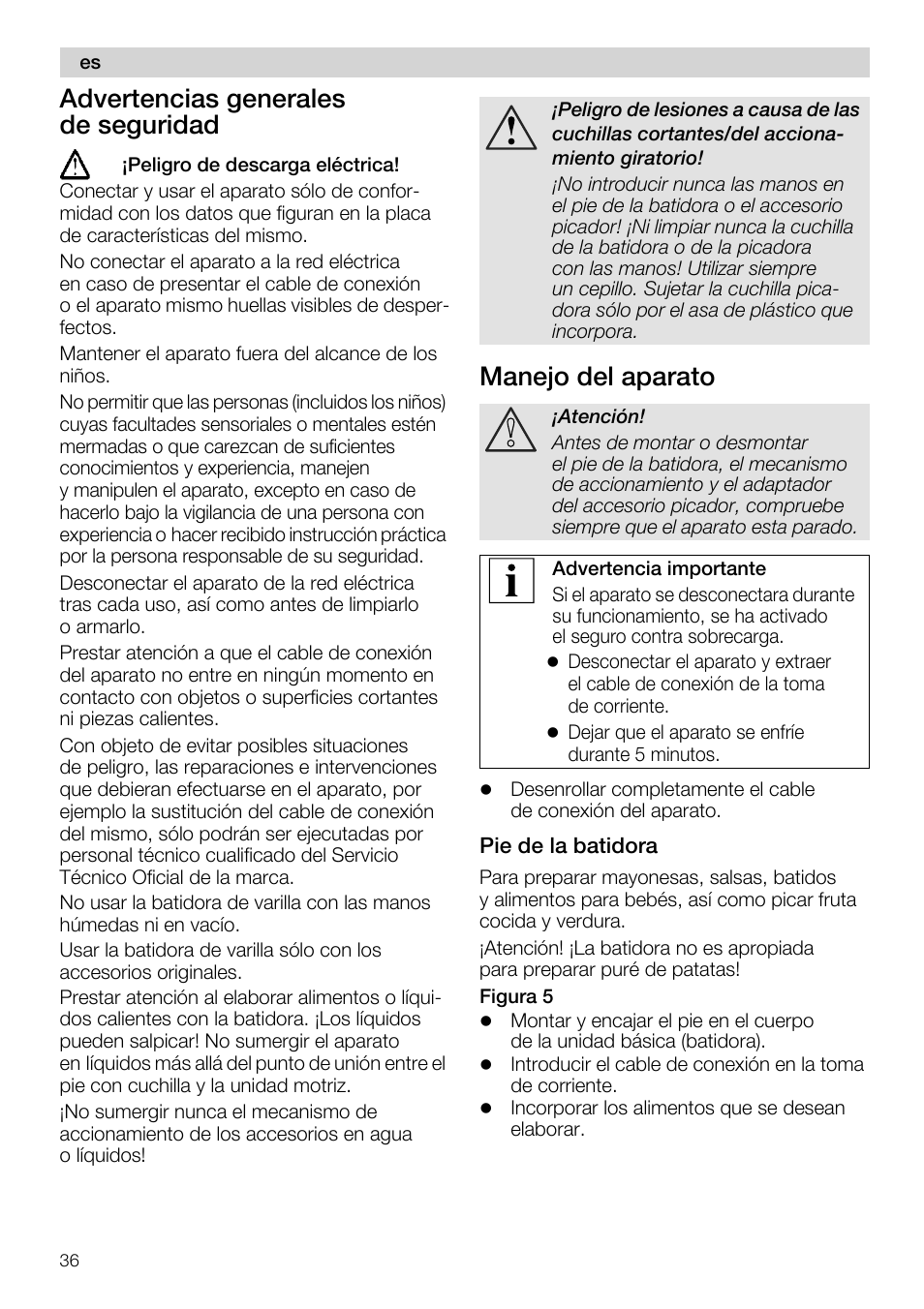 Advertencias generales de seguridad, Manejo del aparato, Pie de la batidora | Siemens MQ 5 N 290 User Manual | Page 36 / 81