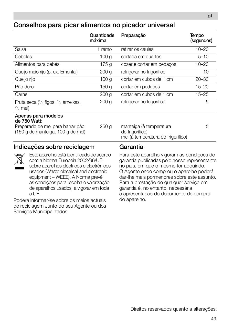 Indicagòes sobre reciclagem, Garantía | Siemens MQ 5 N 290 User Manual | Page 43 / 81