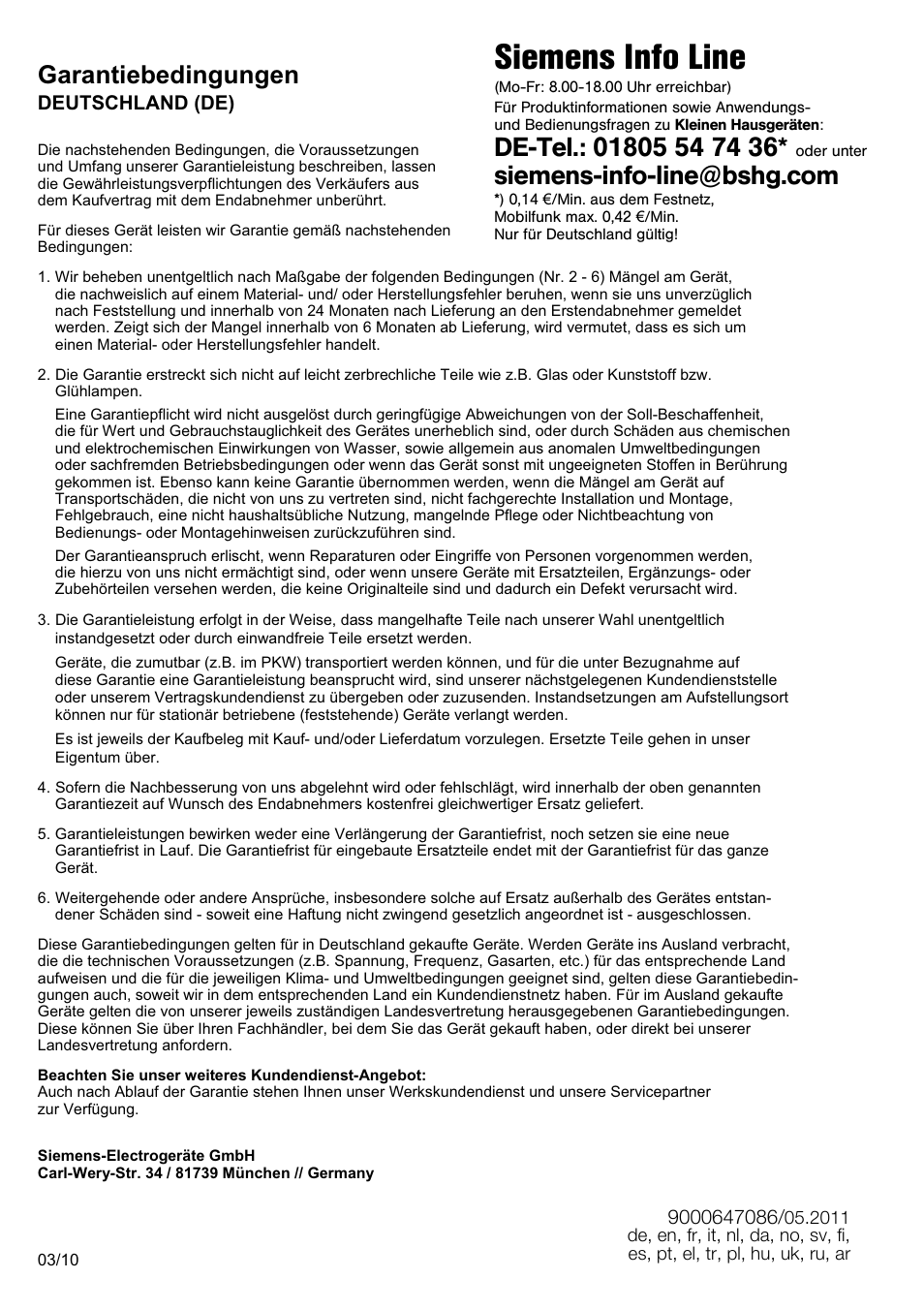 Garantiebedingungen, Siemens info line | Siemens MQ 5 N 290 User Manual | Page 79 / 81