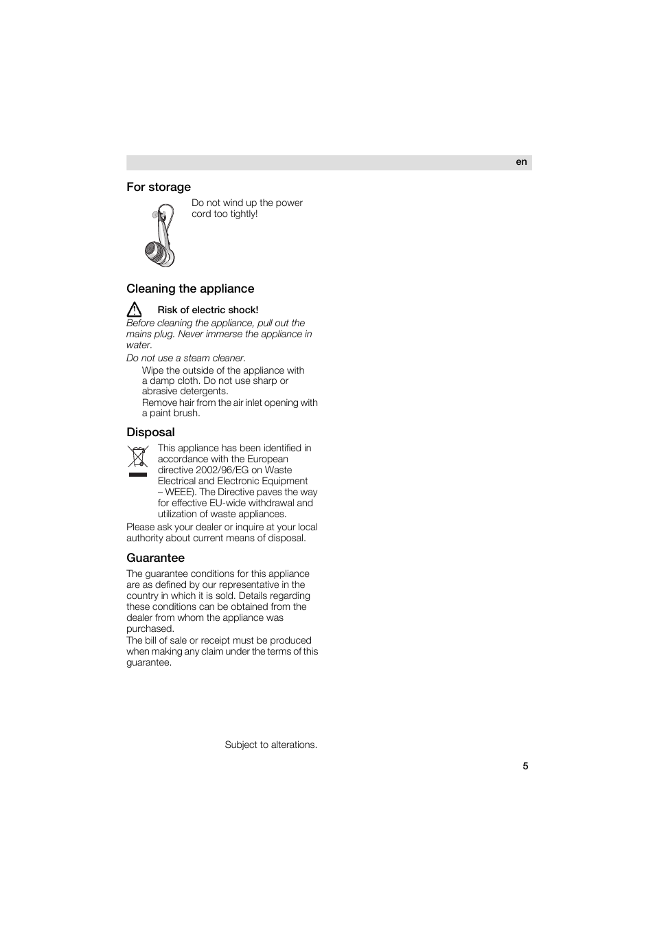 For storage, Cleaning the appliance, Disposal | Guarantee | Siemens PH 2380 D User Manual | Page 5 / 48