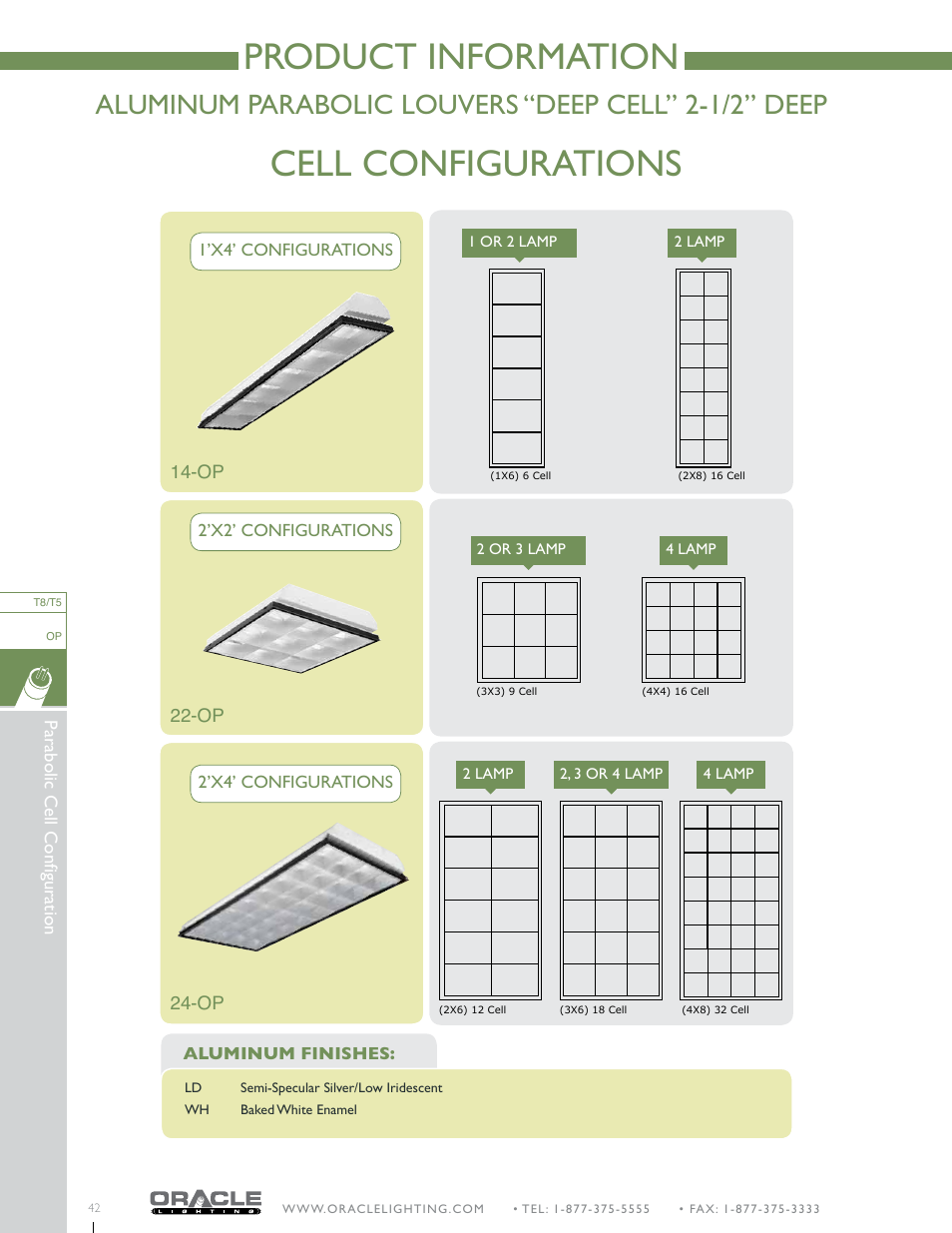Product information, Cell configurations, Aluminum parabolic louvers “deep cell” 2-1/2” deep | Oracle Lighting OP-14 User Manual | Page 2 / 2