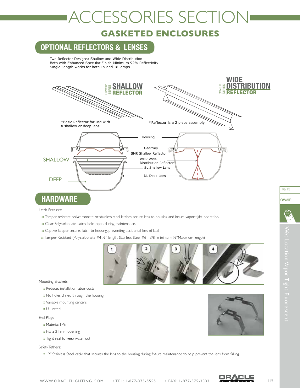 Gasketed enclosures, Optional reflectors & lenses, Hardware | Shallow, Wide distribution, Wet location va por tight fluor escent | Oracle Lighting OW3IP-8 User Manual | Page 2 / 2