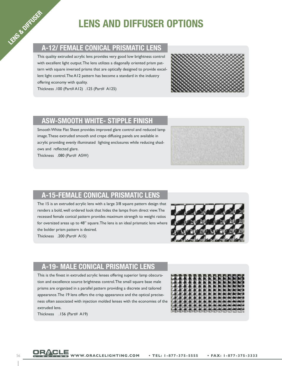 Lens and diffuser options, A-12/ female conical prismatic lens, Asw-smooth white- stipple finish | A-15-female conical prismatic lens, A-19- male conical prismatic lens | Oracle Lighting OFT-22 User Manual | Page 2 / 3