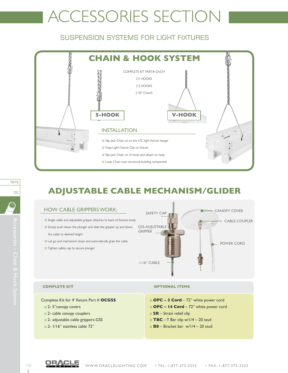 Adjustable cable mechanism/glider, Chain & hook system, Suspension systems for light fixtures | Acc es so rie s - c ha in & h oo k s ys te m | Oracle Lighting OC-8 User Manual | Page 2 / 3