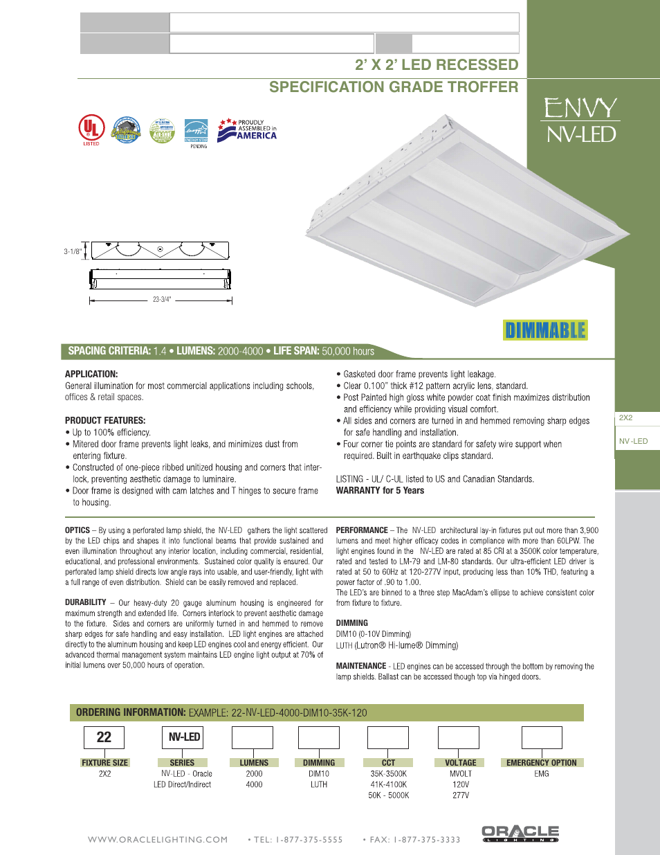 Oracle Lighting NV-LED-22 User Manual | 1 page