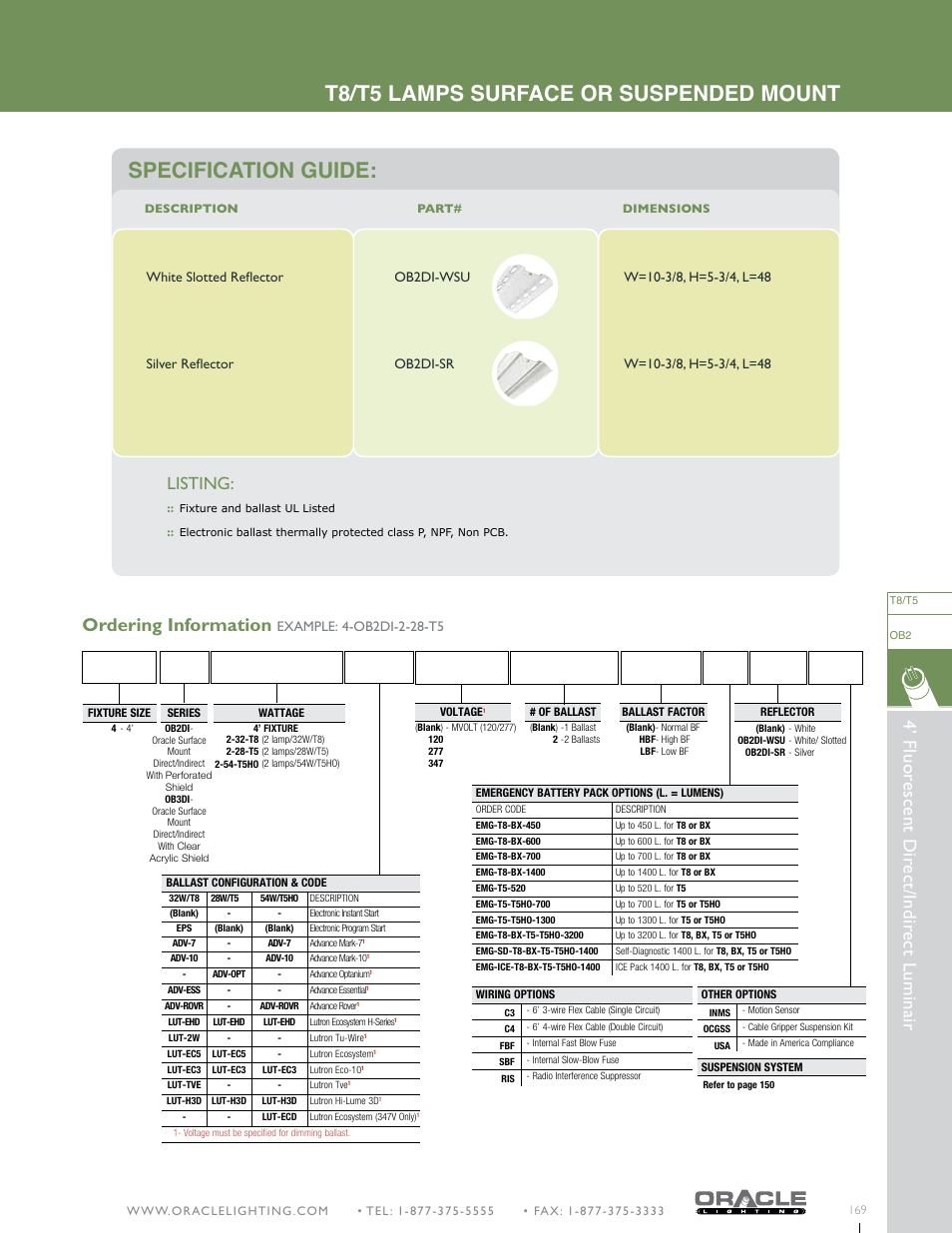 T8/t5 lamps surface or suspended mount, Specification guide, Listing | Oracle Lighting OB3DI-4 User Manual | Page 2 / 2