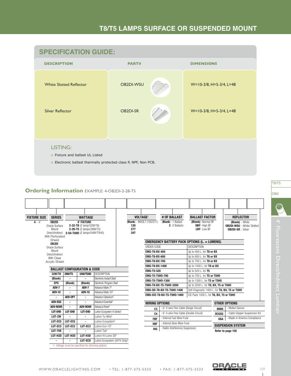 T8/t5 lamps surface or suspended mount, Specification guide, Listing | Oracle Lighting OB2DI-4 User Manual | Page 2 / 2