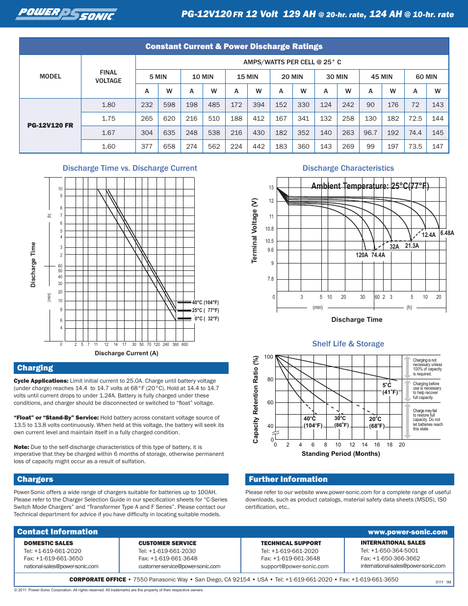 124 ah, Ambient temperature: 25°c(77°f), Charging | Chargers, Further information, Constant current & power discharge ratings, Hr. rate, Contact information | Power-Sonic PG-12V120 User Manual | Page 2 / 2