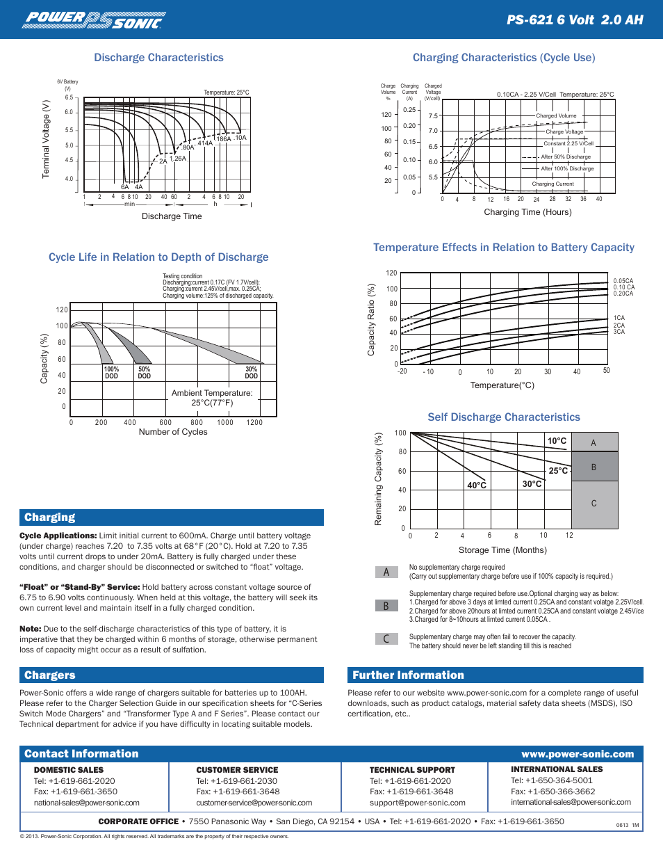 Contact information, Charging, Chargers | Further information, Ab c, Cycle life in relation to depth of discharge | Power-Sonic PS-621 User Manual | Page 2 / 2