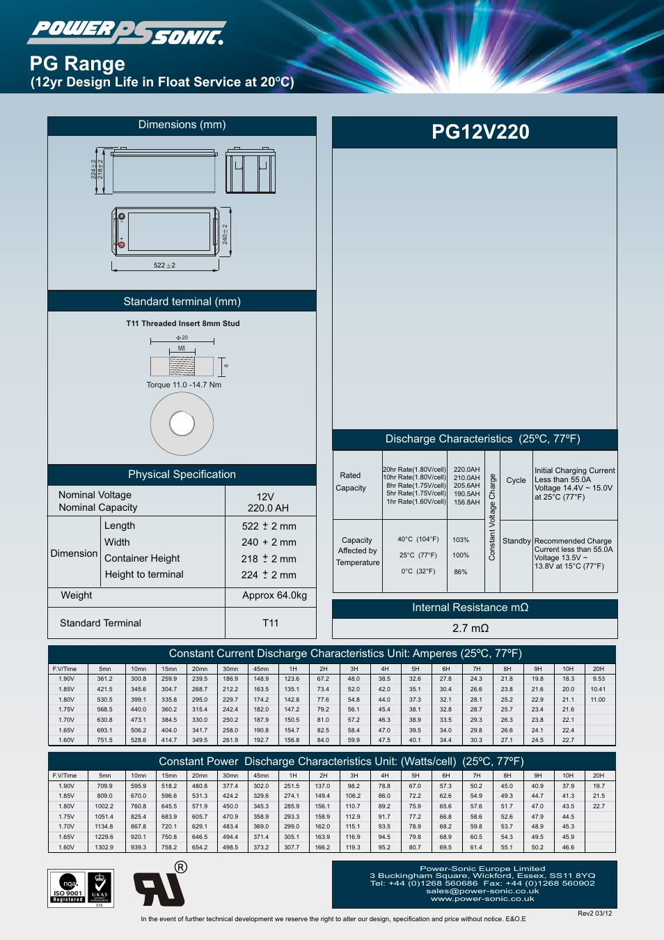 Power-Sonic PG-12v220 User Manual | 1 page