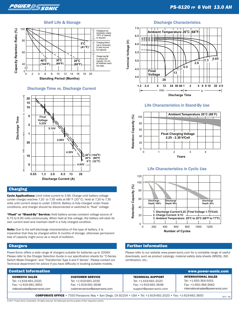 Ps-6120, 6 volt 13.0 ah, Charging | Chargers, Further information, Contact information | Power-Sonic PS-6120FP User Manual | Page 2 / 2