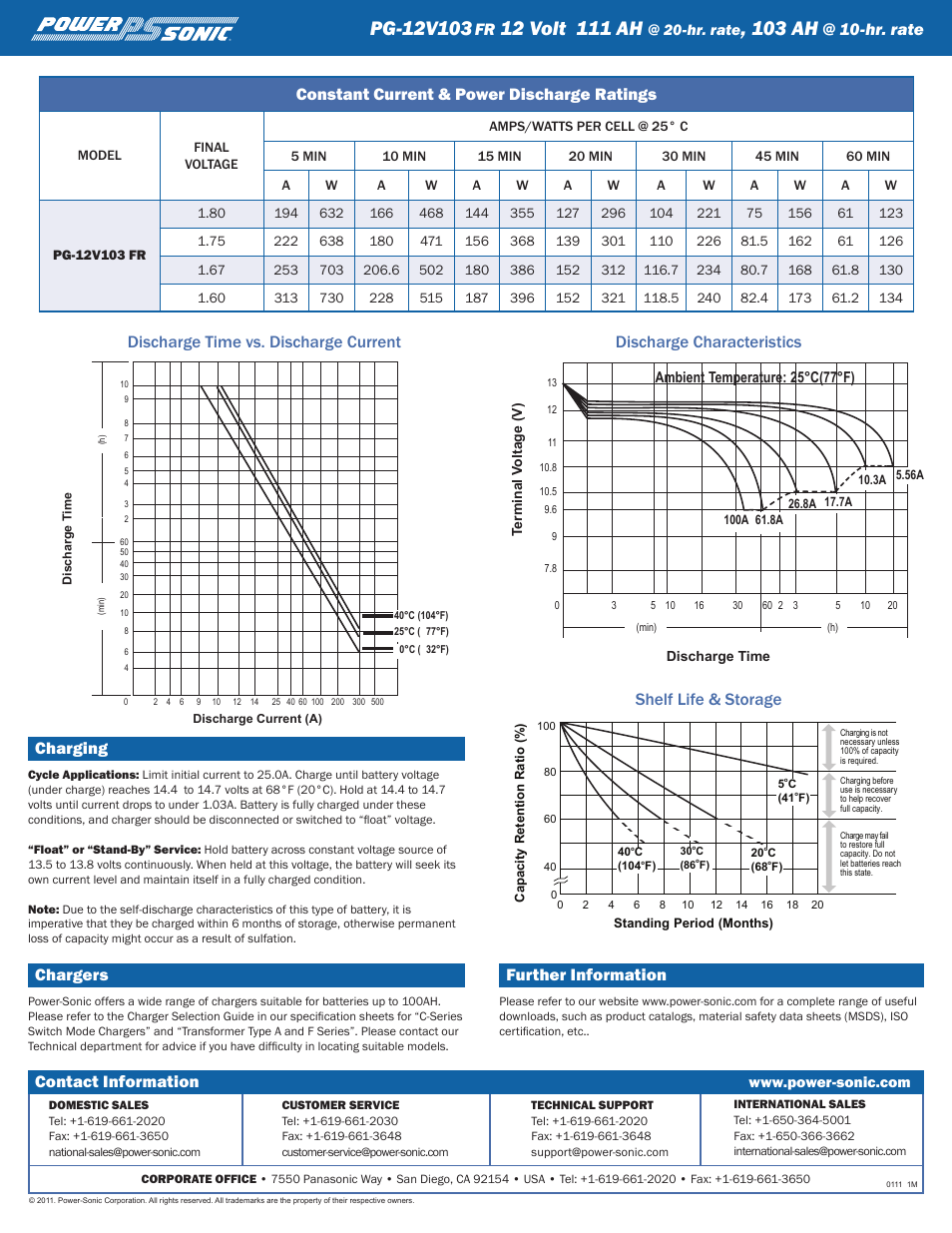 103 ah, Charging, Chargers | Further information, Constant current & power discharge ratings, Hr. rate, Contact information | Power-Sonic PG-12V103 User Manual | Page 2 / 2