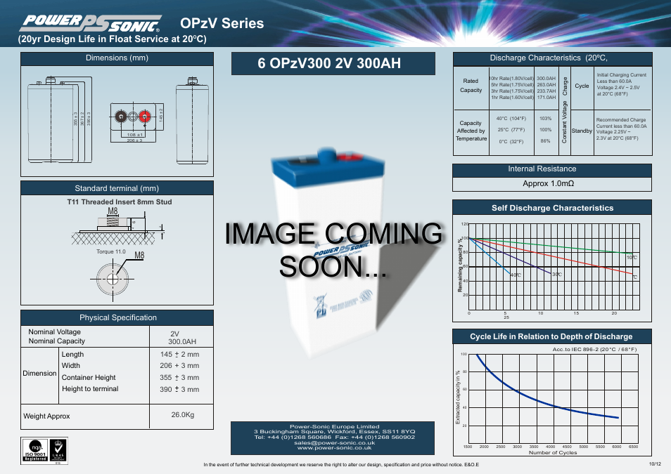 Power-Sonic 6-OPzV300 User Manual | 1 page