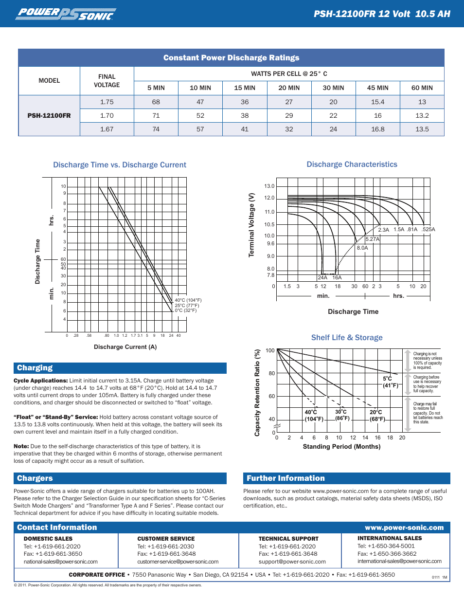 Charging, Chargers, Further information | Constant power discharge ratings, Contact information | Power-Sonic PSH-12100FR User Manual | Page 2 / 2