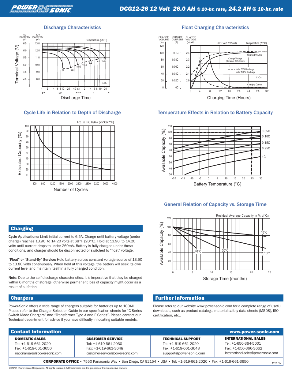 2ah, Contact information, Charging | Chargers, Further information, Hr.rate, Storage time (months) available capacity (%), Discharge time terminal v oltage (v), Charging time (hours) | Power-Sonic DCG12-26 User Manual | Page 2 / 2