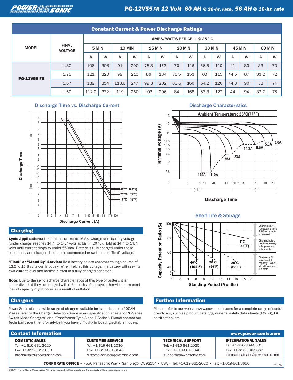 Pg-12v55, 12 volt 60 ah, 56 ah | Charging, Chargers, Further information, Constant current & power discharge ratings, Hr. rate, Contact information | Power-Sonic PG-12V55 User Manual | Page 2 / 2