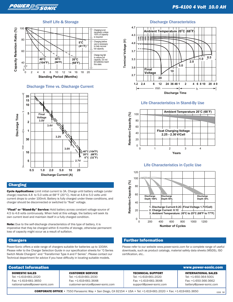 Charging, Chargers, Contact information | Further information | Power-Sonic PS-4100 User Manual | Page 2 / 2