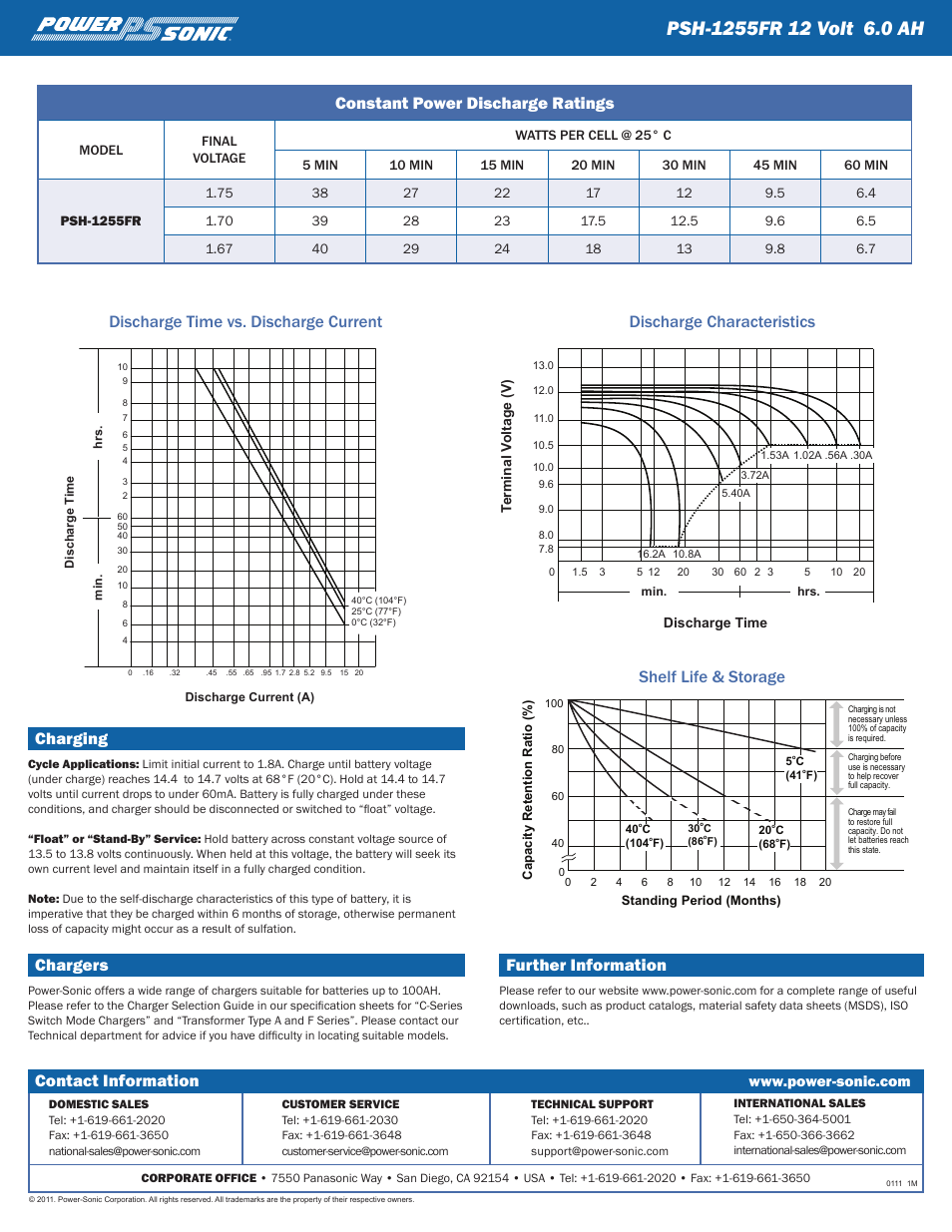 Contact information, Charging, Chargers | Further information, Constant power discharge ratings | Power-Sonic PSH-1255FR User Manual | Page 2 / 2