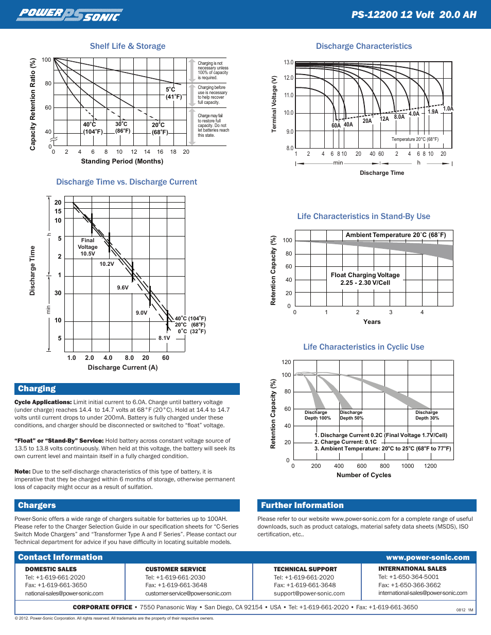 Contact information, Charging, Chargers | Further information | Power-Sonic PS-12200NB User Manual | Page 2 / 2