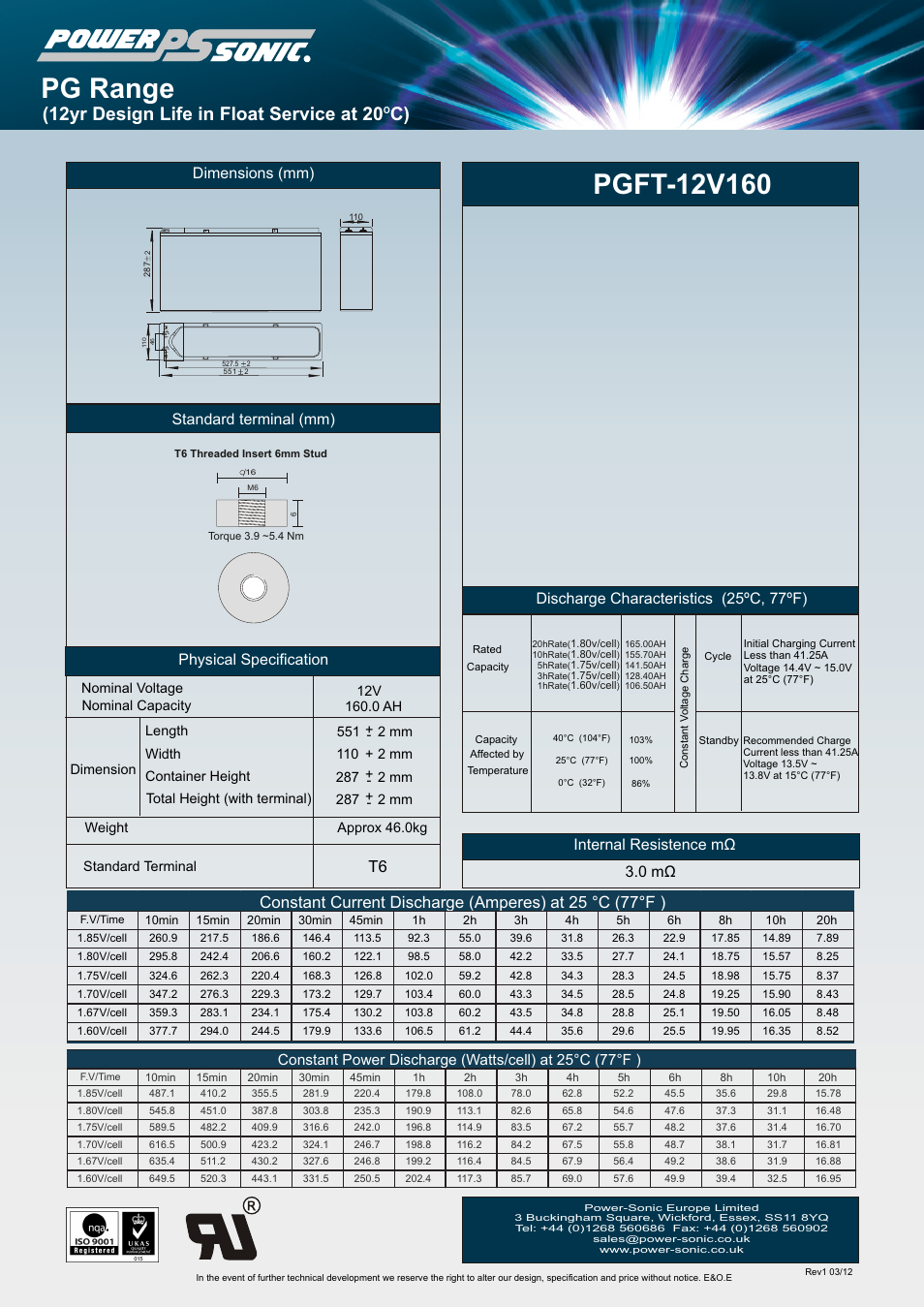 Power-Sonic PGFT-12V160 User Manual | 1 page