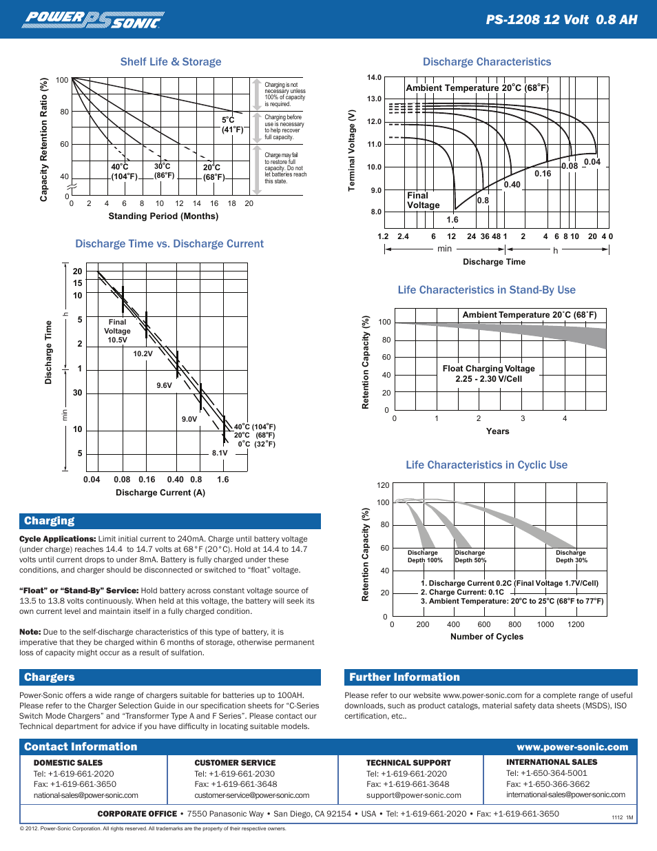 Contact information, Charging, Chargers | Further information | Power-Sonic PS-1208 User Manual | Page 2 / 2