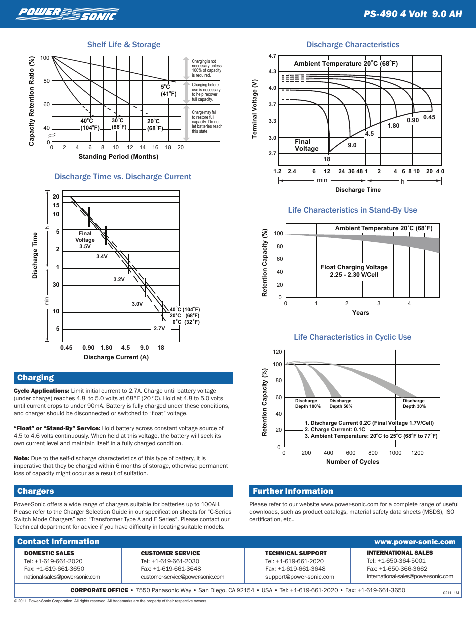 Charging, Chargers, Further information | Contact information | Power-Sonic PS-490 User Manual | Page 2 / 2