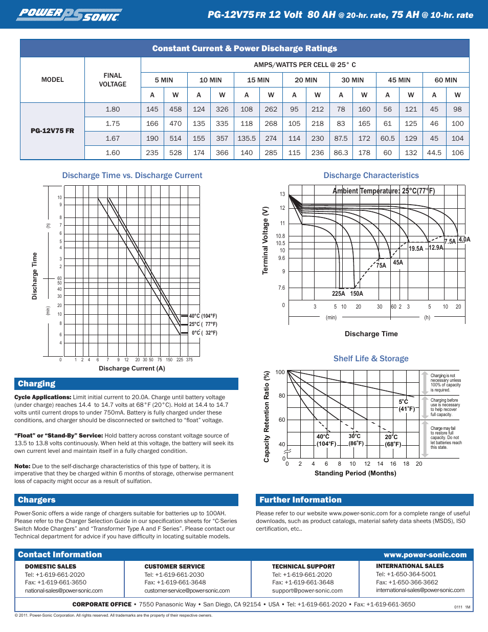 Pg-12v75, 12 volt 80 ah, 75 ah | Charging, Chargers, Further information, Constant current & power discharge ratings, Hr. rate, Contact information | Power-Sonic PG-12V75 User Manual | Page 2 / 2