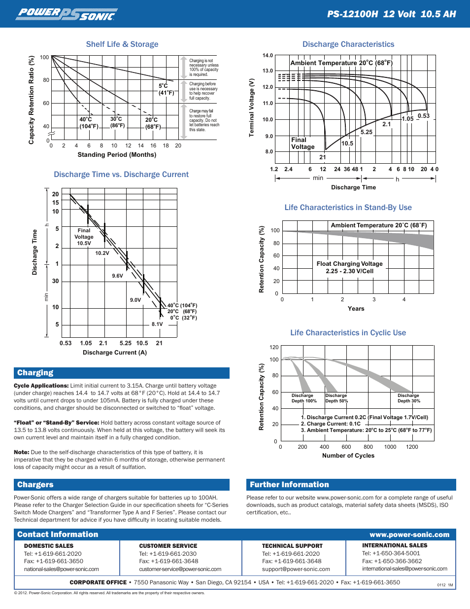 Contact information, Charging, Chargers | Power-Sonic PS-12100H User Manual | Page 2 / 2