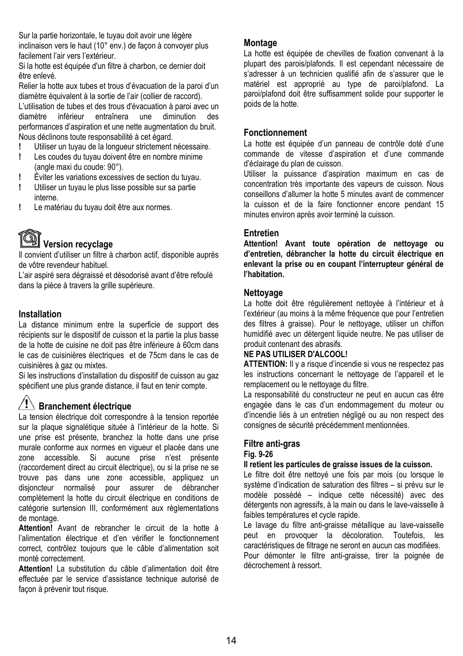 Version recyclage, Installation, Branchement électrique | Montage, Fonctionnement, Entretien, Nettoyage, Filtre anti-gras | IGNIS AKS 650 WH User Manual | Page 14 / 56