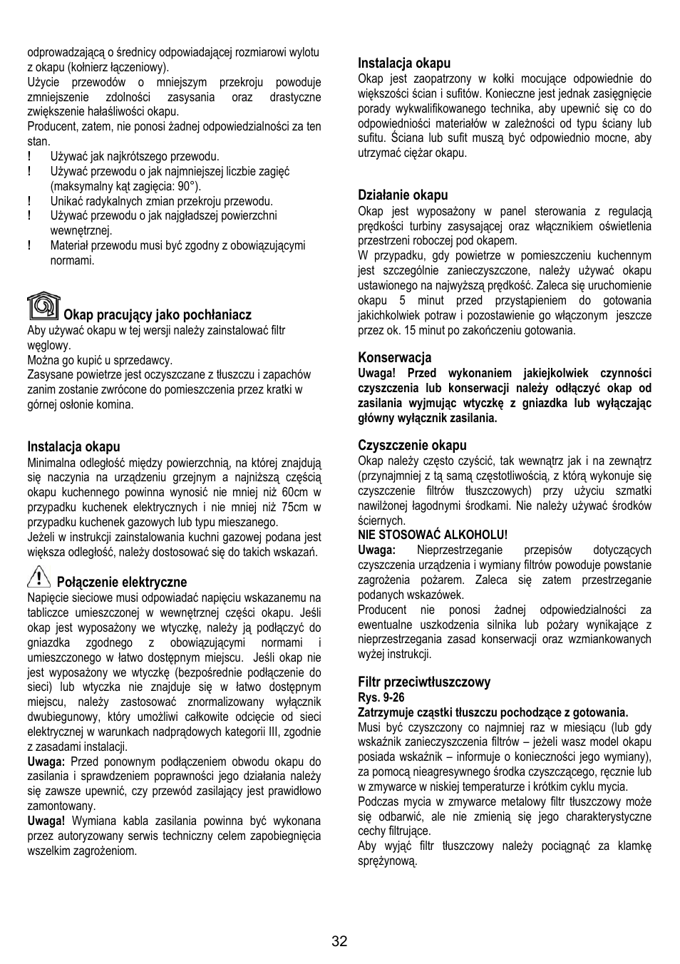 Okap pracujący jako pochłaniacz, Instalacja okapu, Połączenie elektryczne | Działanie okapu, Konserwacja, Czyszczenie okapu, Filtr przeciwtłuszczowy | IGNIS AKS 650 WH User Manual | Page 32 / 56