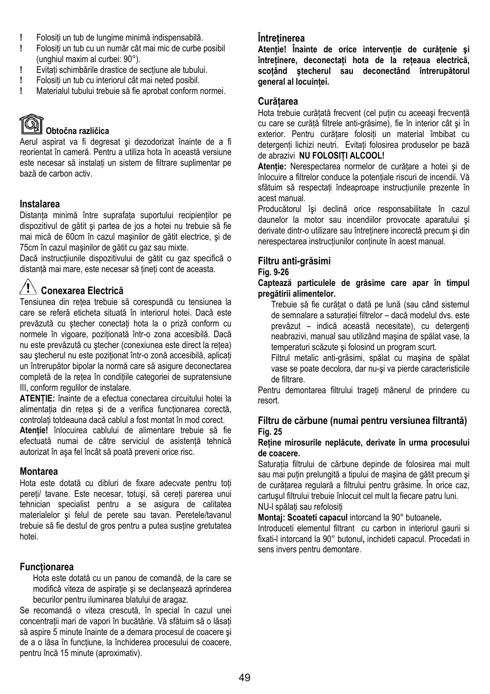 Instalarea, Conexarea electrică, Montarea | Funcţionarea, Întreţinerea, Curăţarea, Filtru anti-grăsimi | IGNIS AKS 650 WH User Manual | Page 49 / 56
