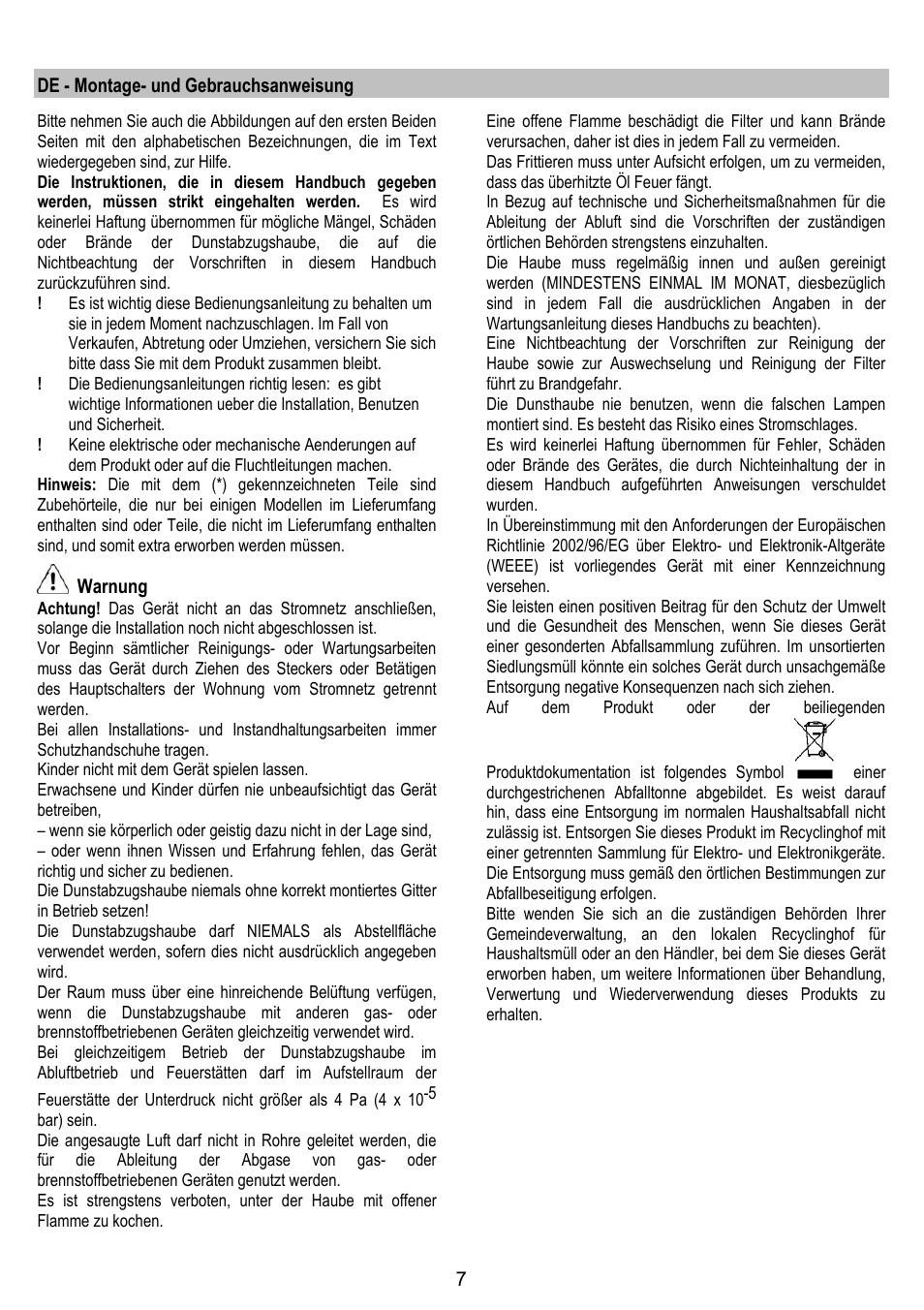 De - montage- und gebrauchsanweisung, Warnung | IGNIS AKS 650 WH User Manual | Page 7 / 56
