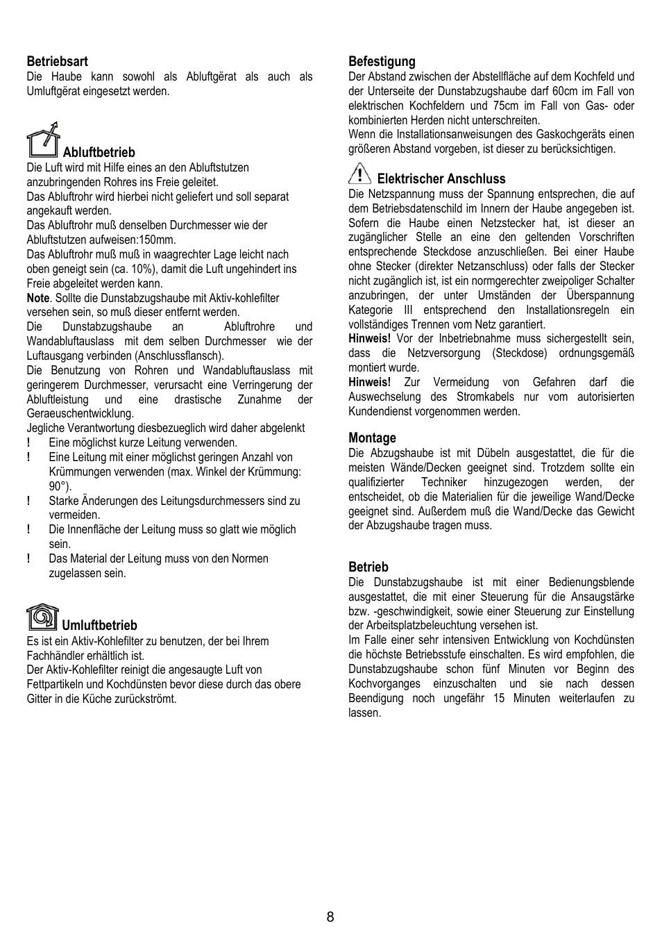 8betriebsart, Abluftbetrieb, Umluftbetrieb | Befestigung, Elektrischer anschluss, Montage, Betrieb | IGNIS AKS 650 WH User Manual | Page 8 / 56