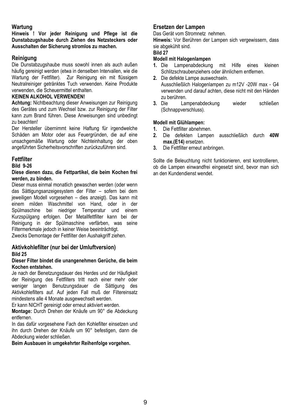 9wartung, Reinigung, Fettfilter | Aktivkohlefilter (nur bei der umluftversion), Ersetzen der lampen | IGNIS AKS 650 WH User Manual | Page 9 / 56
