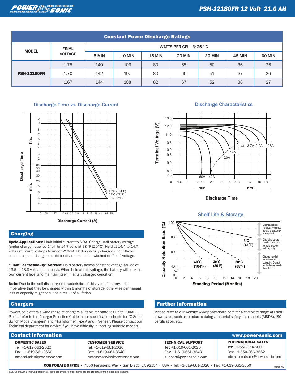 Contact information, Charging, Chargers | Further information, Constant power discharge ratings | Power-Sonic PSH-12180FR User Manual | Page 2 / 2