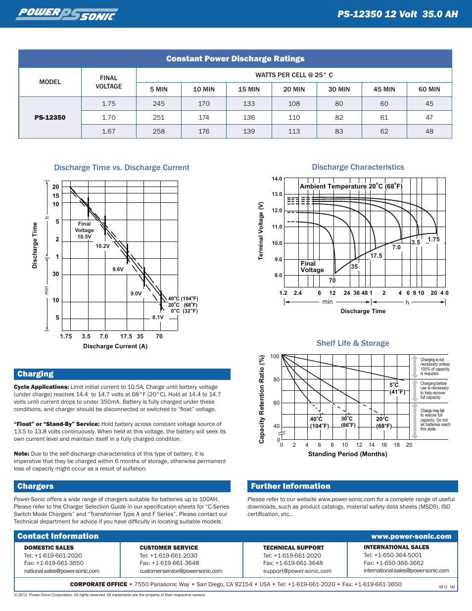Contact information, Charging, Chargers | Further information, Discharge characteristics, Constant power discharge ratings | Power-Sonic PS-12350 User Manual | Page 2 / 2