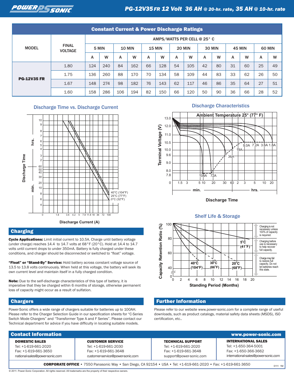 Pg-12v35, 12 volt 36 ah, 35 ah | Charging, Chargers, Further information, Constant current & power discharge ratings, Discharge time vs. discharge current, Discharge characteristics shelf life & storage, Hr. rate | Power-Sonic PG-12V35 User Manual | Page 2 / 2